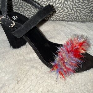 Chic Black and Red Feathered Women's Heels